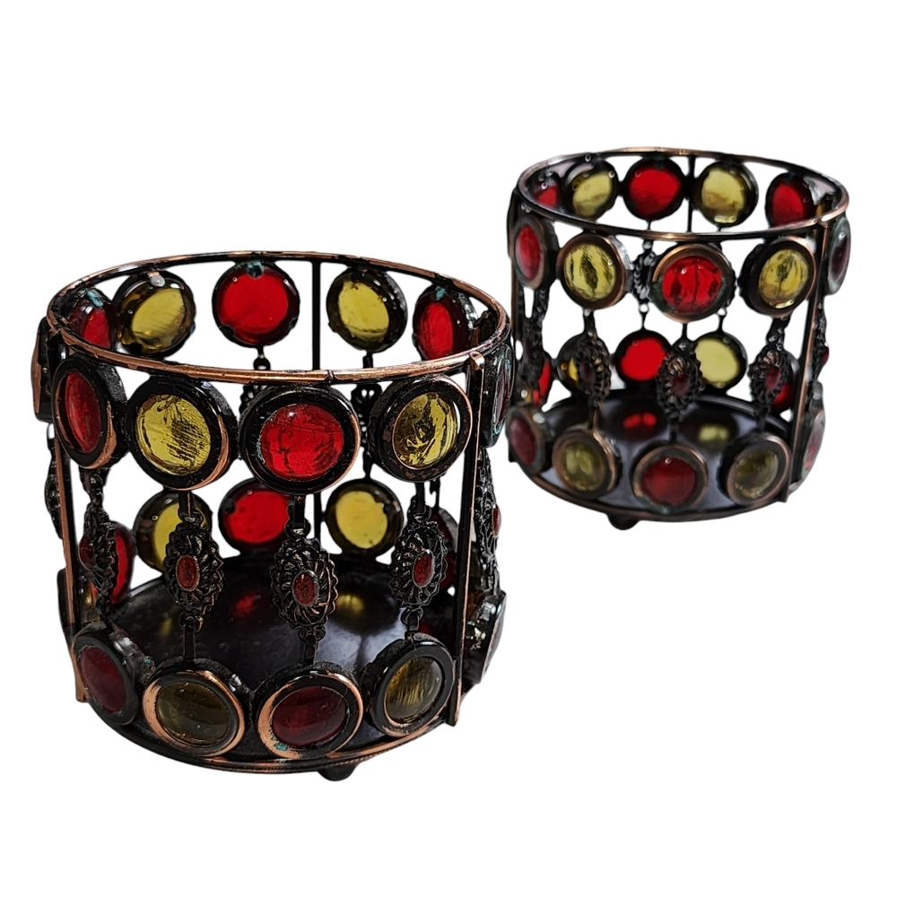 Set‎ of 2 Wire Votive Holders Boho Style with Colored Glass Bead Decoration